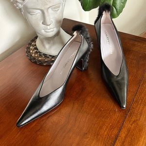 Maud Frizon Paris Vintage Black Point Toe Pumps with Fur Accent